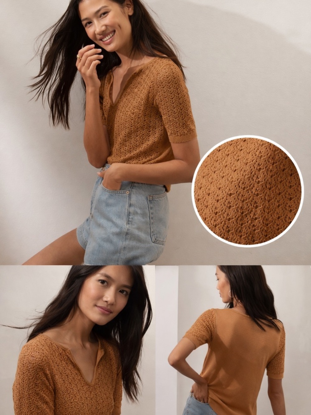 BR Textured Short Sleeve Knit Top in Caramel Brown Sz XS